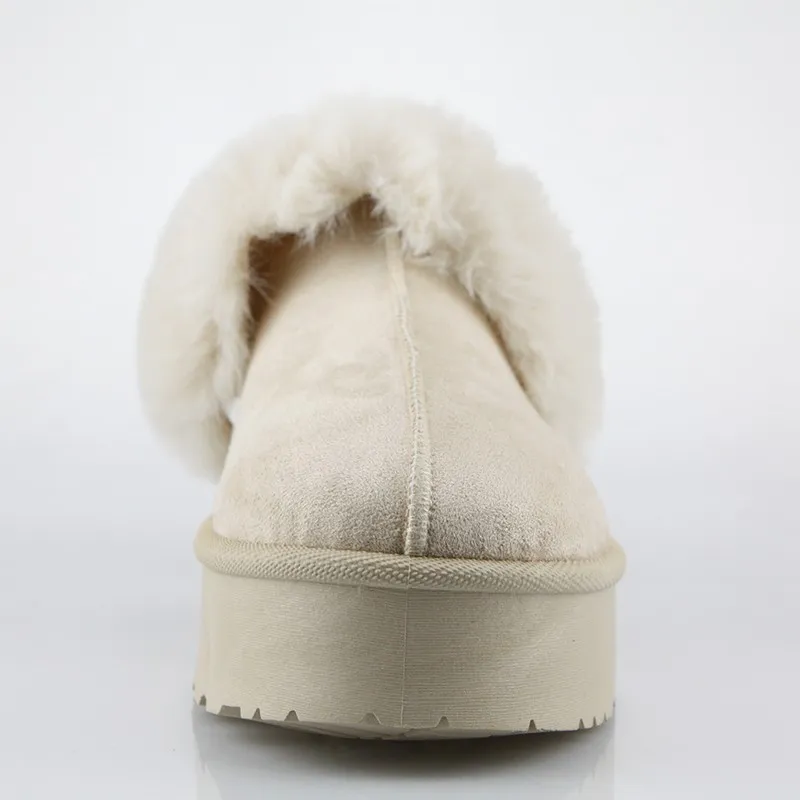 Beige Faux Fur-Lined Platform Mule