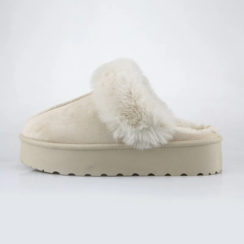 Beige Faux Fur-Lined Platform Mule